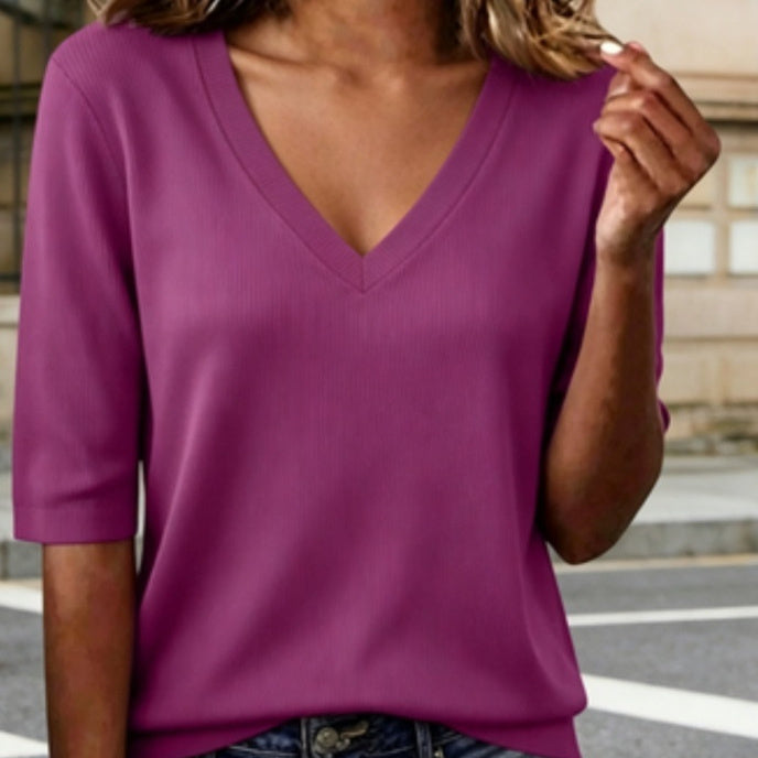 Womens Three-quarter-sleeve Ice-silk Ribbed T-shirt by Ricaloux