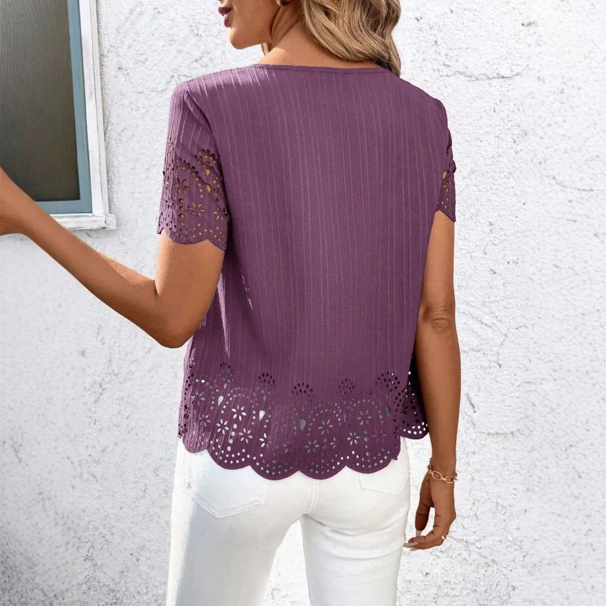 European And American Plus Size Womens Round Neck Hollow Out Short Sleeve Top With Burned Out Floral Design – Premium 0 | RICALOUX