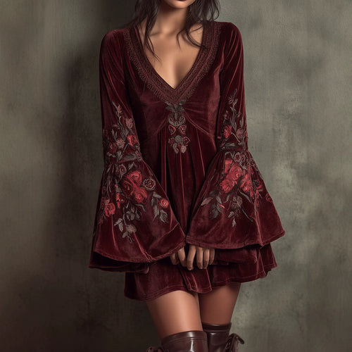 Bell-sleeved Burgundy Velvet Embroidered Mini Dress by Ricaloux