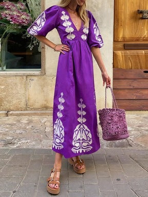 Womens Loose-fitting Casual Dress With Puff Sleeves And A Back-cutout Design by Ricaloux