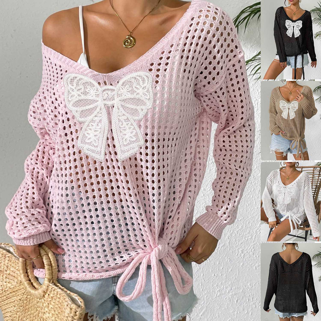 Women Loose Lazy Style Hollow Knit Pullover Top, Long Sleeve Butterfly Patchwork Tie Detail Sheer Cover Up Sweater – Premium 4 | RICALOUX