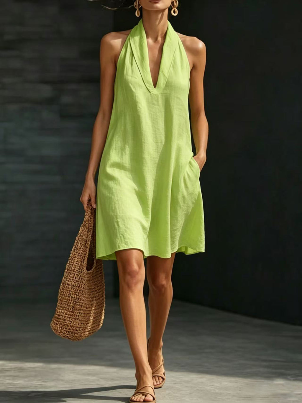 Casual Short Solid-color V-neck Dress by Ricaloux
