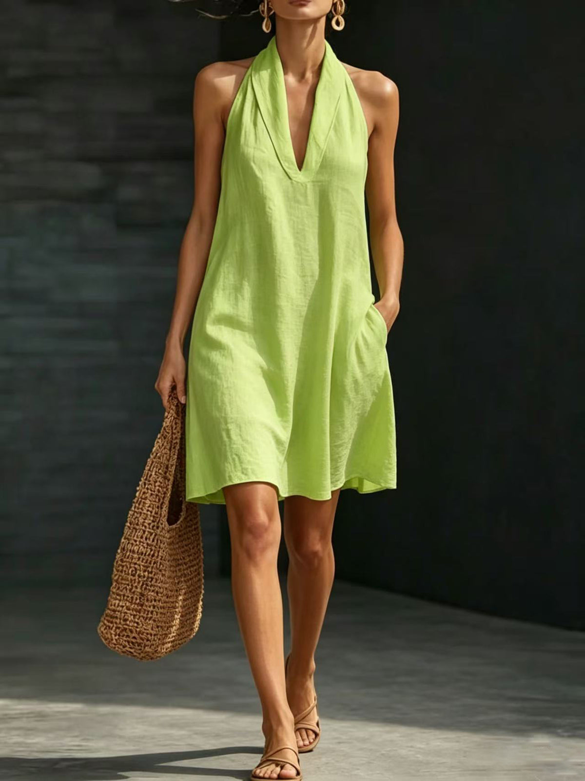 Casual Short Solid-color V-neck Dress by Ricaloux