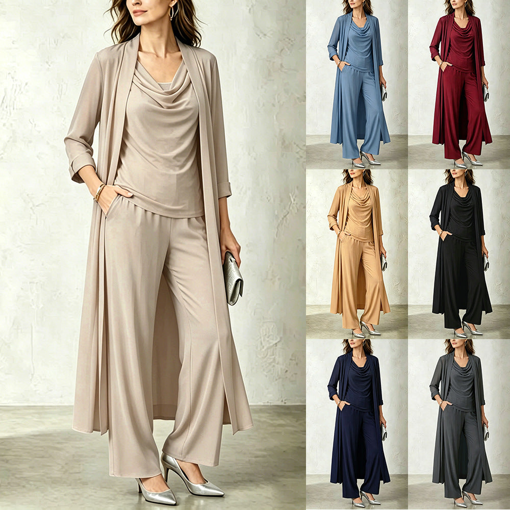 Womens Long Cardigan Jacket And Pants Three-piece Set by Ricaloux