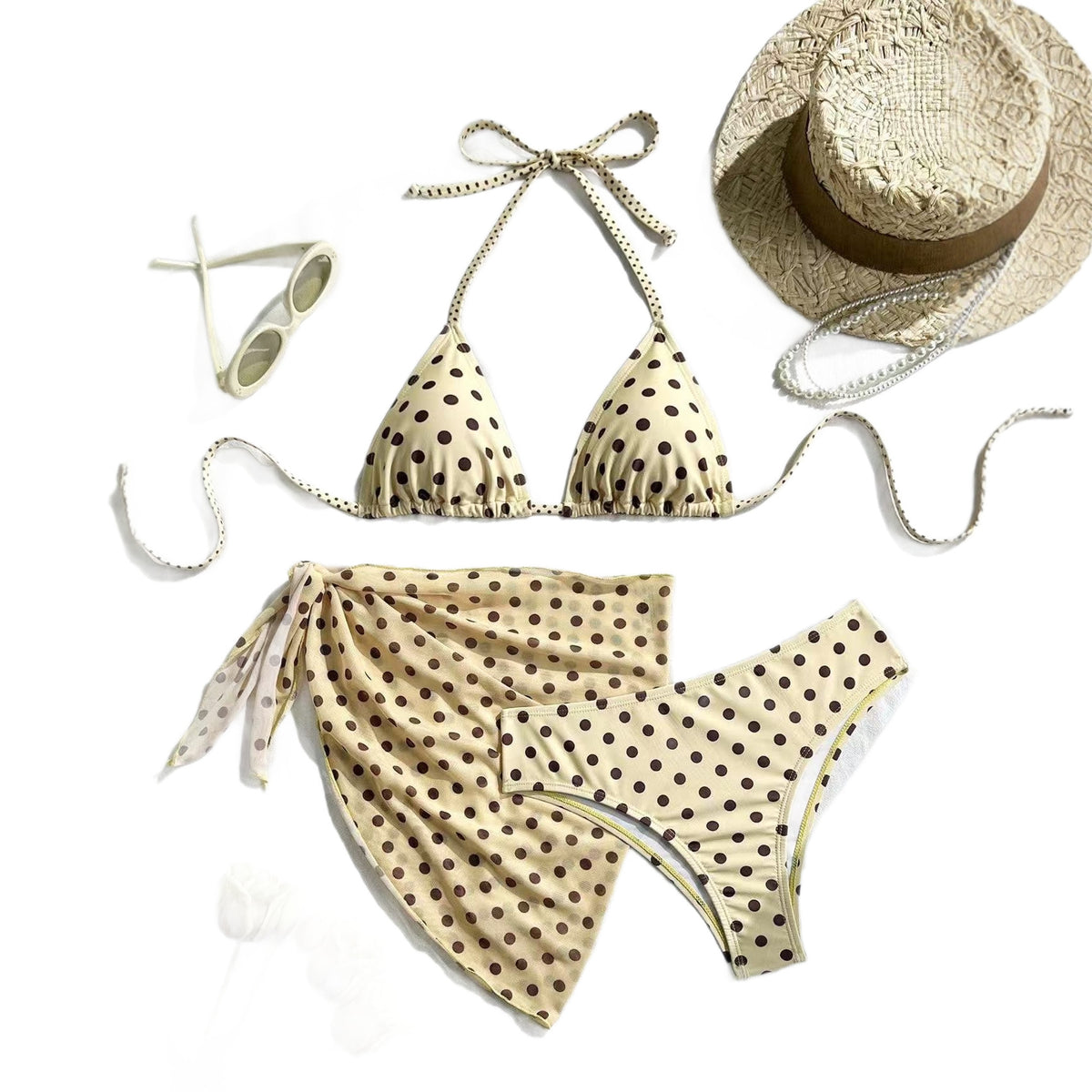 Polka-dot Halter Bikini Three-piece Set, Vintage Style by Ricaloux