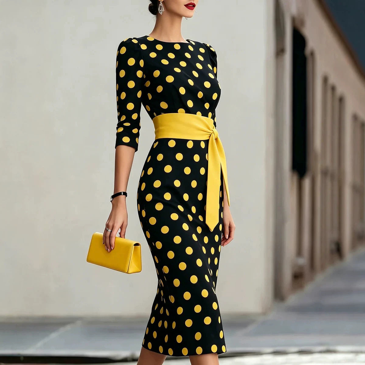Women Elegant Black White Polka Dot Midi Dress With Waist Belt Three-Quarter Sleeve O Neck Pencil Bodycon Formal Work Office Party Dress by Ricaloux