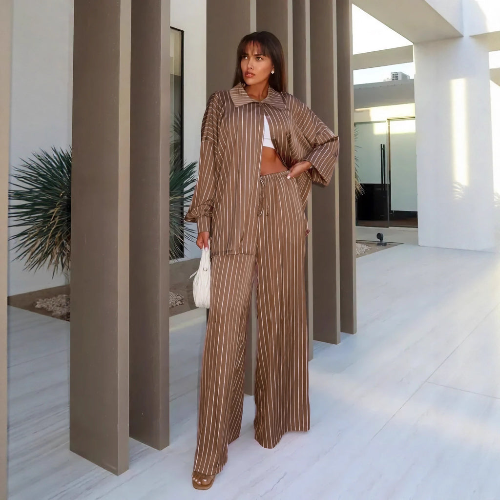 Fashionable Striped Long-sleeve Shirt Cardigan And Wide-leg Pants Two-piece Set by Ricaloux