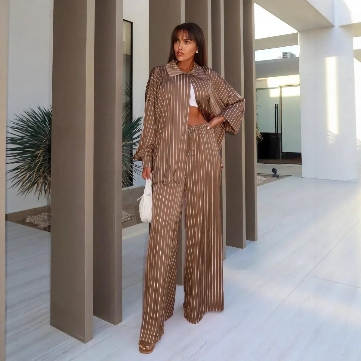 Fashionable Striped Long-sleeve Shirt Cardigan And Wide-leg Pants Two-piece Set by Ricaloux