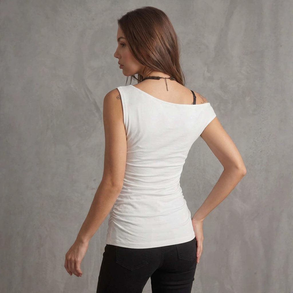 Hollow-out Pleated Solid-color Off-shoulder T-shirt Top – Premium 0 | RICALOUX