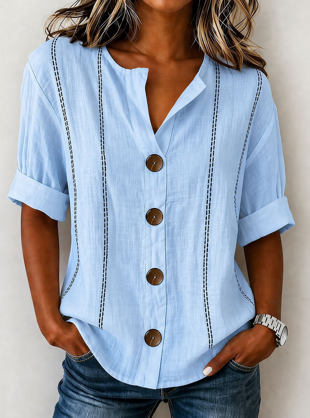 Summer Striped Button-up Blouse For Women by Ricaloux