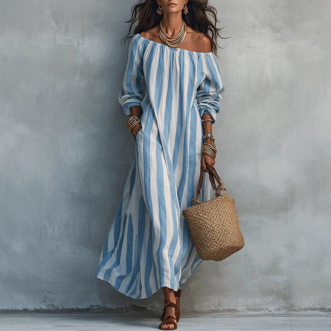 Striped Off Shoulder Vacation Dress by Ricaloux