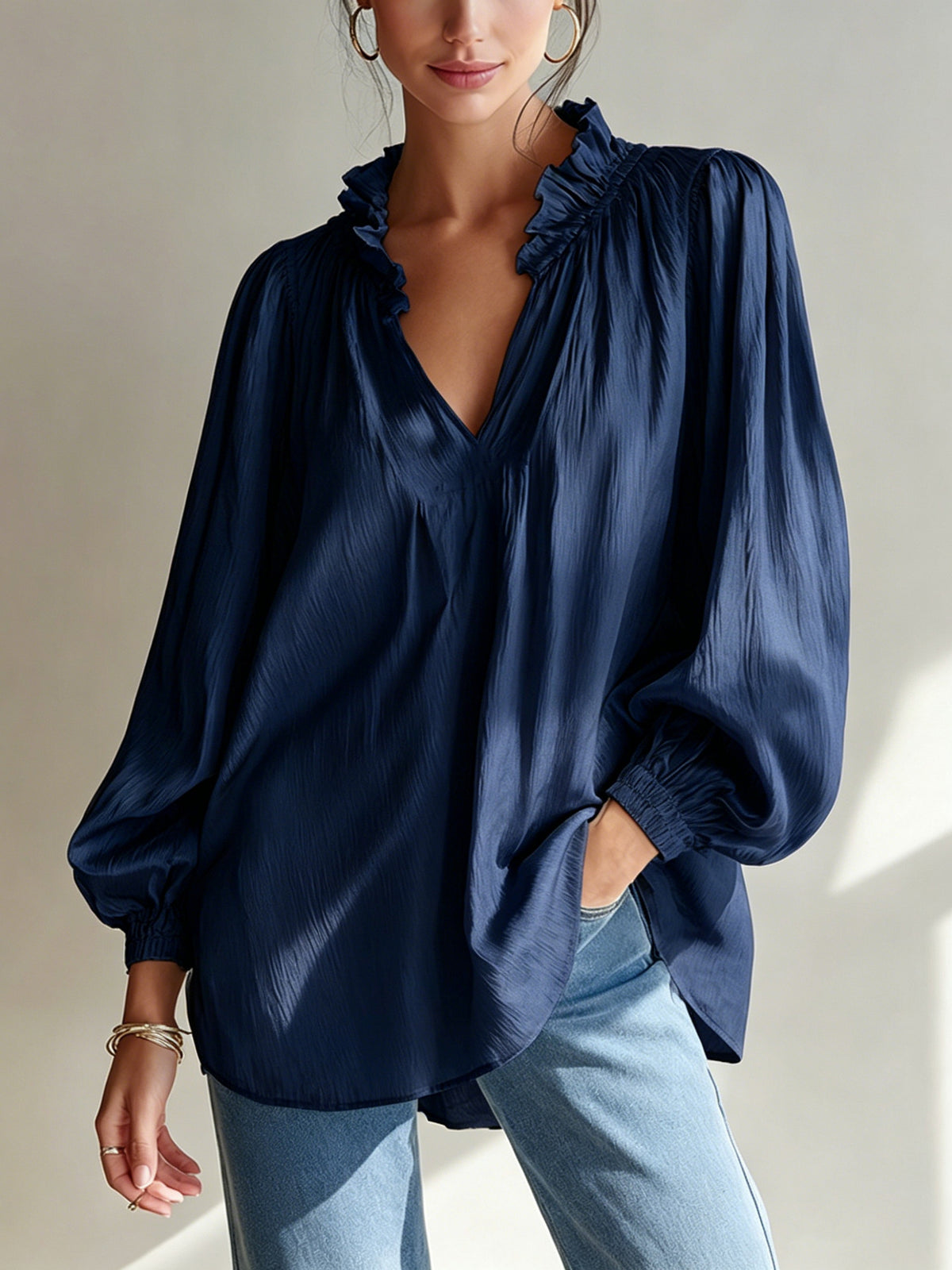 V-neck Loose-fitting Top With Puffed Balloon Sleeves by Ricaloux
