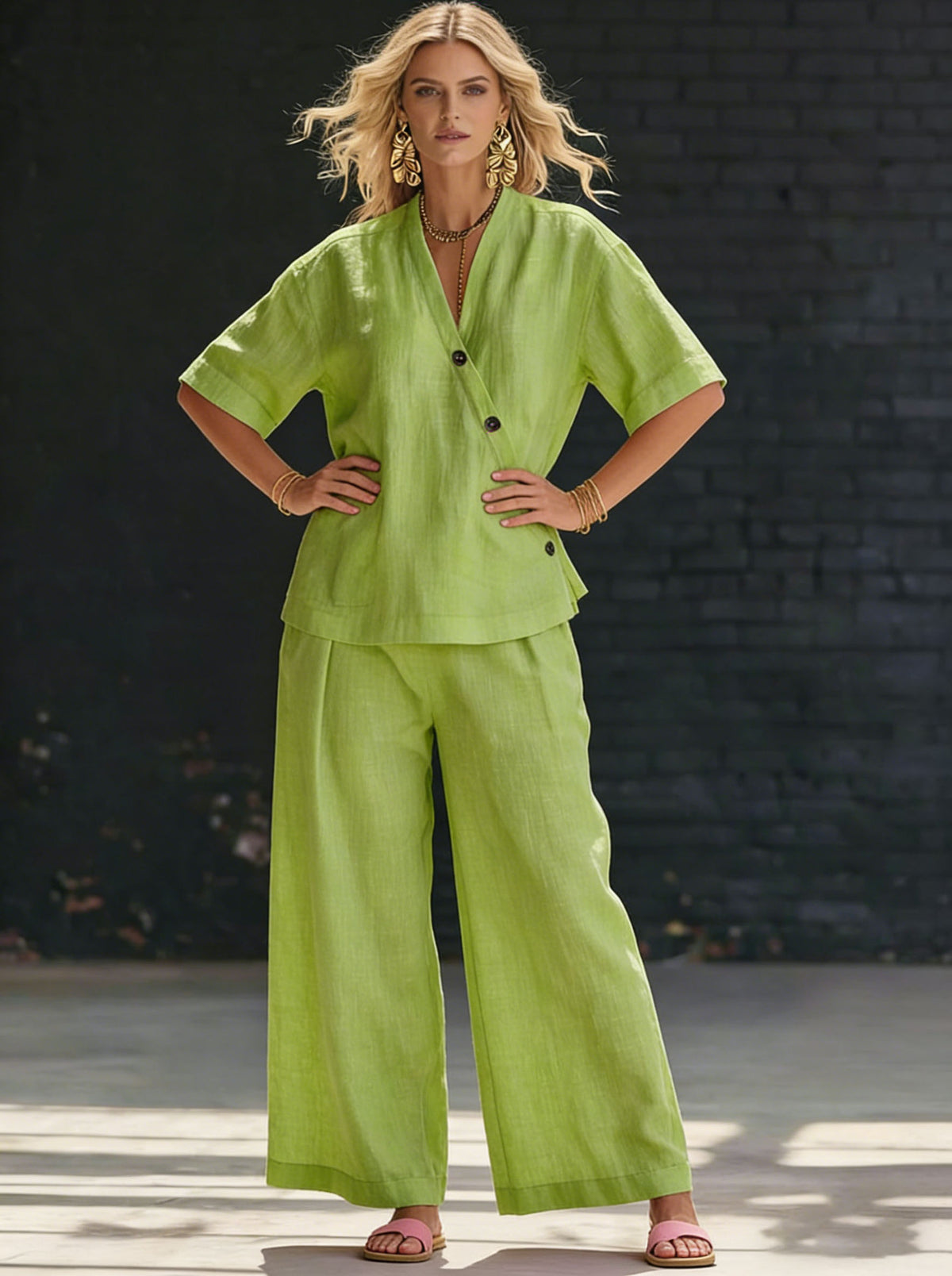 Womens V-neck Short-sleeve T-shirt And High-waisted Trousers Set by Ricaloux