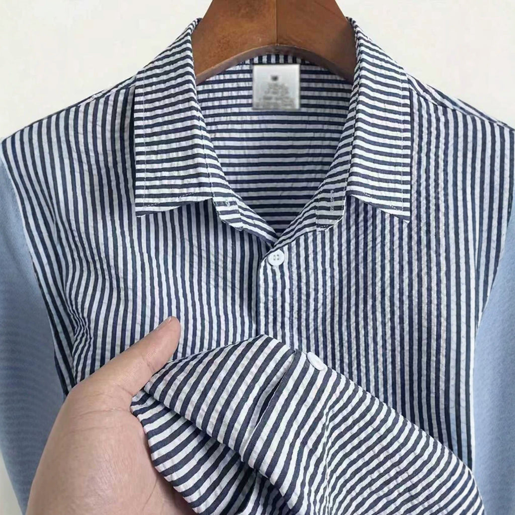 Mens Striped Short-sleeve Loose-fit Casual Shirt by Ricaloux
