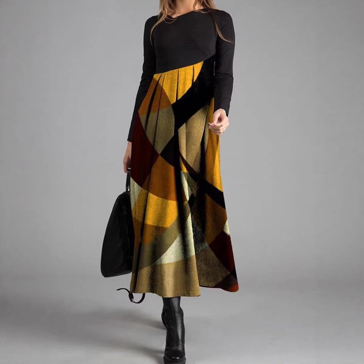 New Womens Long Sleeve Patchwork Plaid Dress by Ricaloux