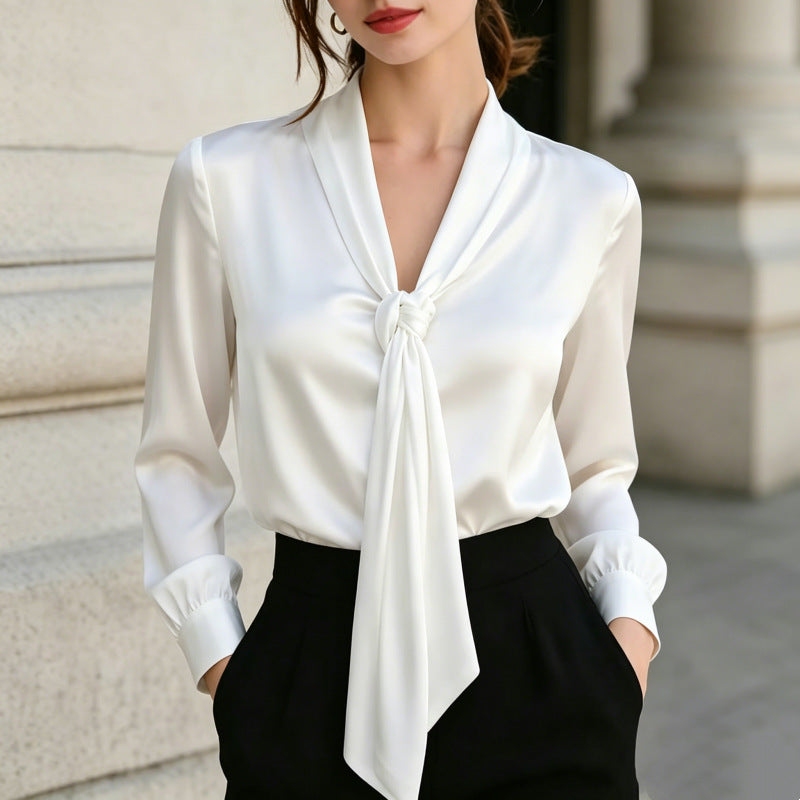 Satin Ribbon V-Neck Knotted Long-Sleeve Shirt For Women – Premium 0 | RICALOUX