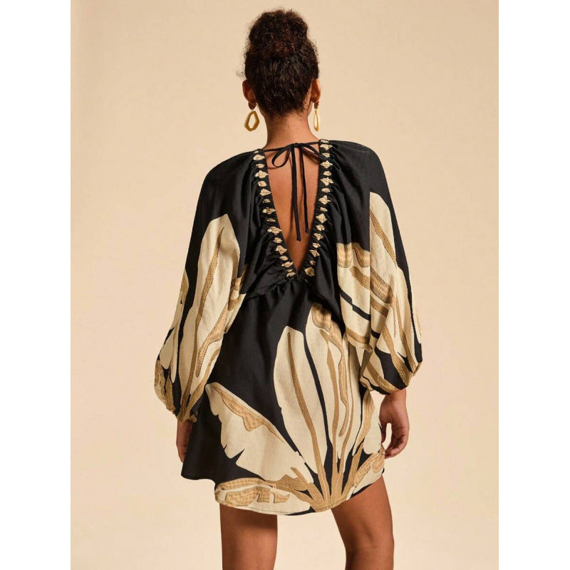 Womens Short Printed Long-Sleeve V-Neck Dress by Ricaloux