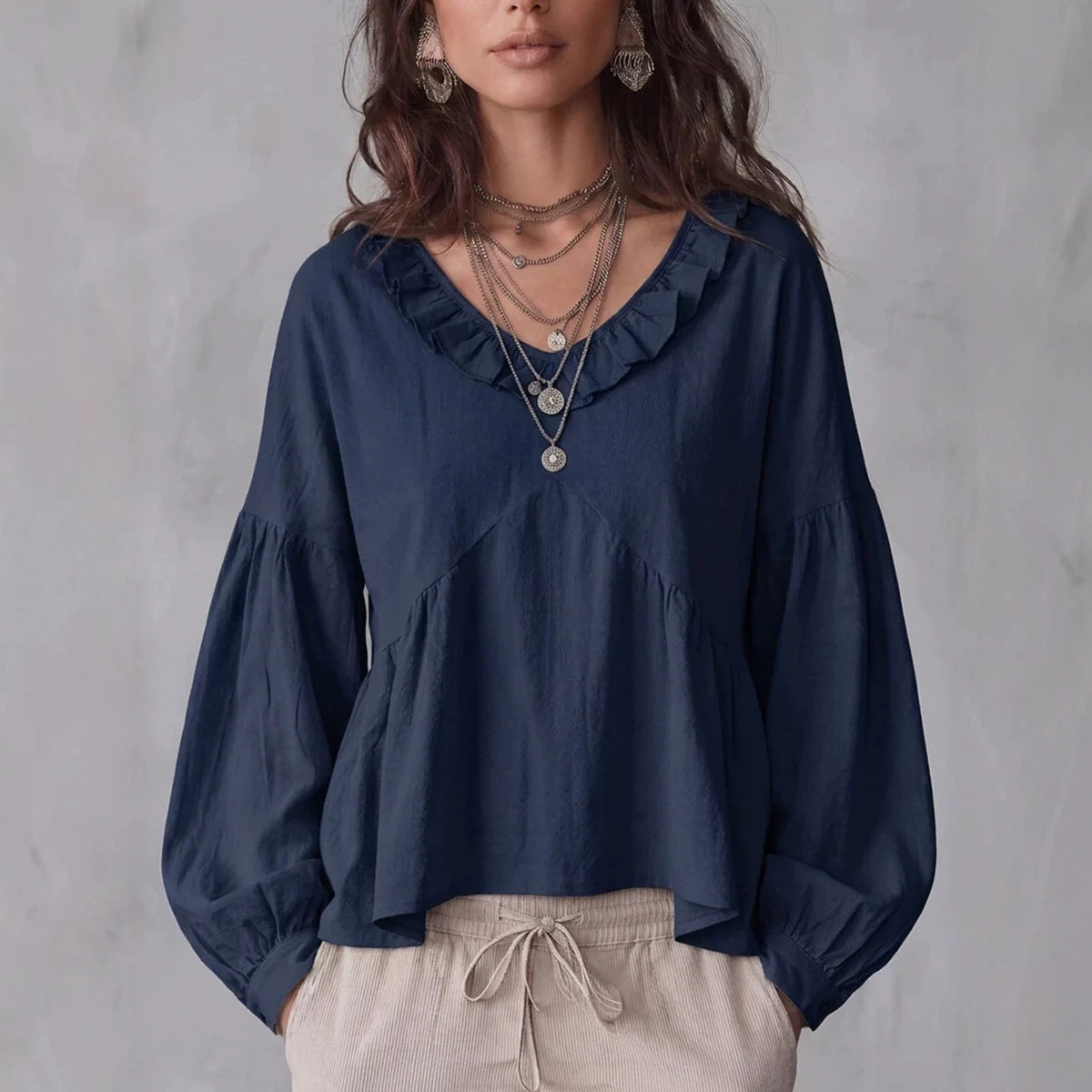 Vintage Lace-trimmed V-neck Long-sleeve Blouse – Premium 0 | RICALOUX