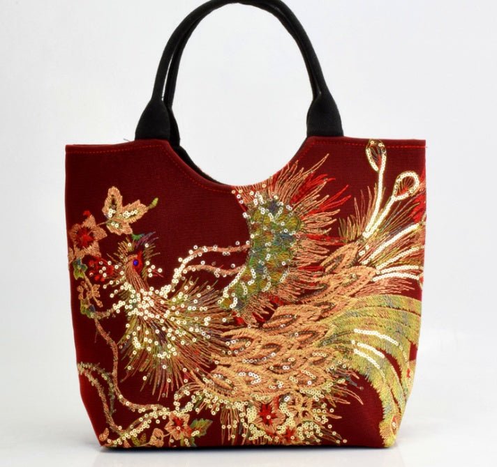 Canvas peacock embroidery small handbag - RICALOUX