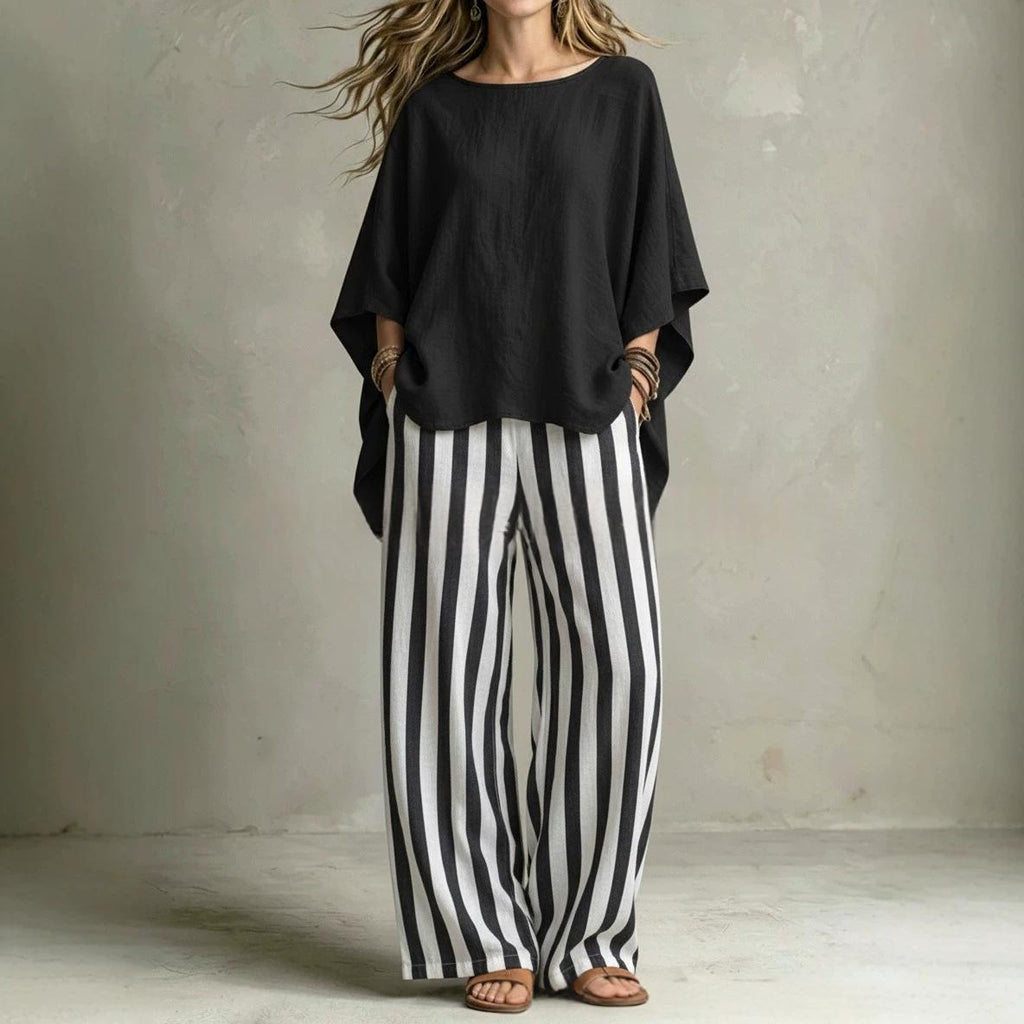 Womens Striped Pants And Cotton-Linen Top Set With Batwing Sleeves – Premium 0 | RICALOUX