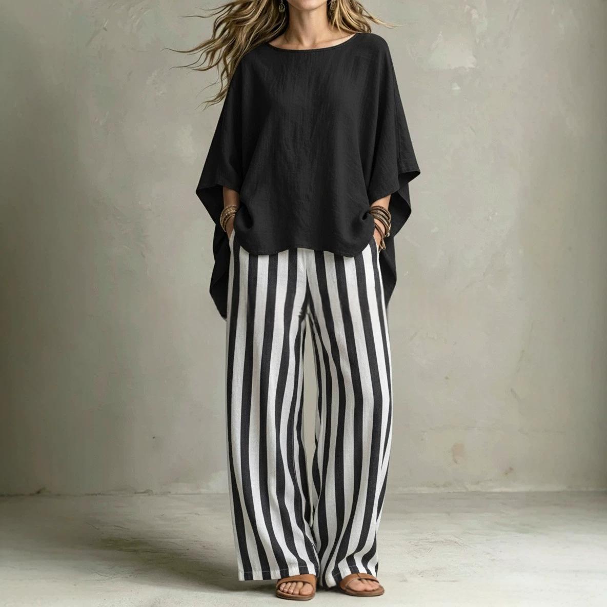 Womens Striped Pants And Cotton-Linen Top Set With Batwing Sleeves – Premium 0 | RICALOUX