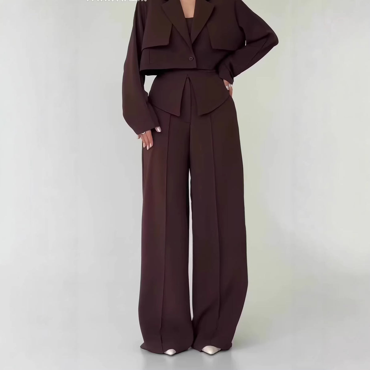 Womens Solid-color Elegant Blazer And Wide-leg Suspender Pants Set by Ricaloux