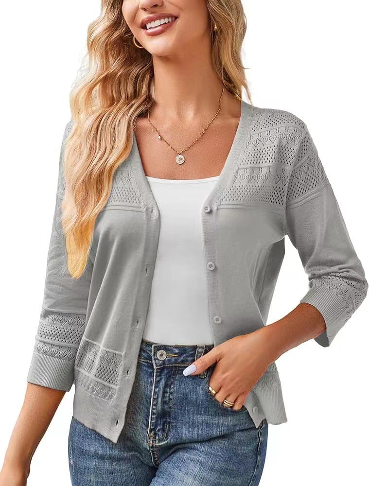 V-neck Cropped Outerwear Hollow-out Knit Cardigan by Ricaloux