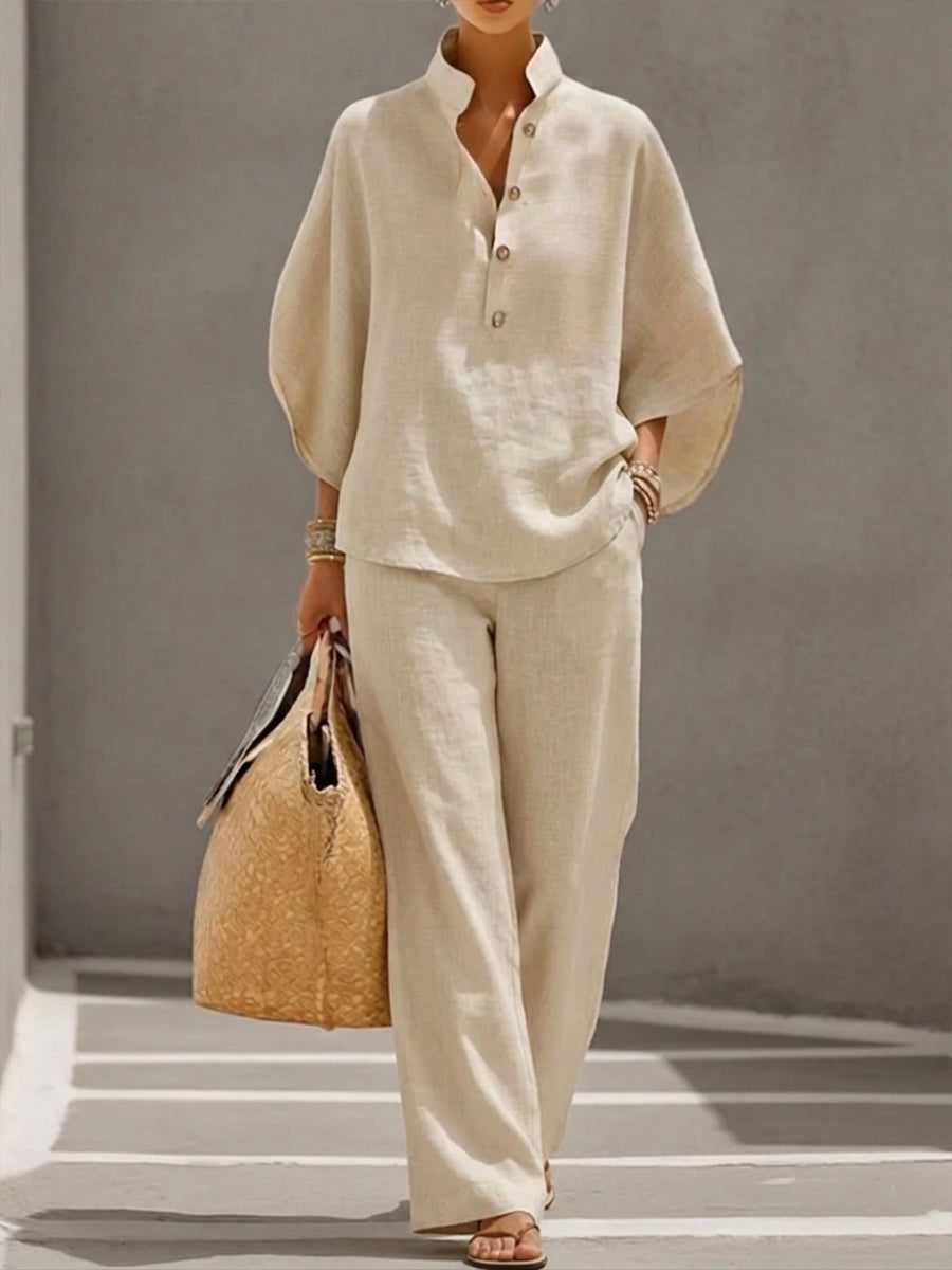 Linen Blend Stand Collar Half Button Batwing Sleeve Top & Wide Leg Pants Casual Two Piece Vacation Outfit Set – Premium 4 | RICALOUX