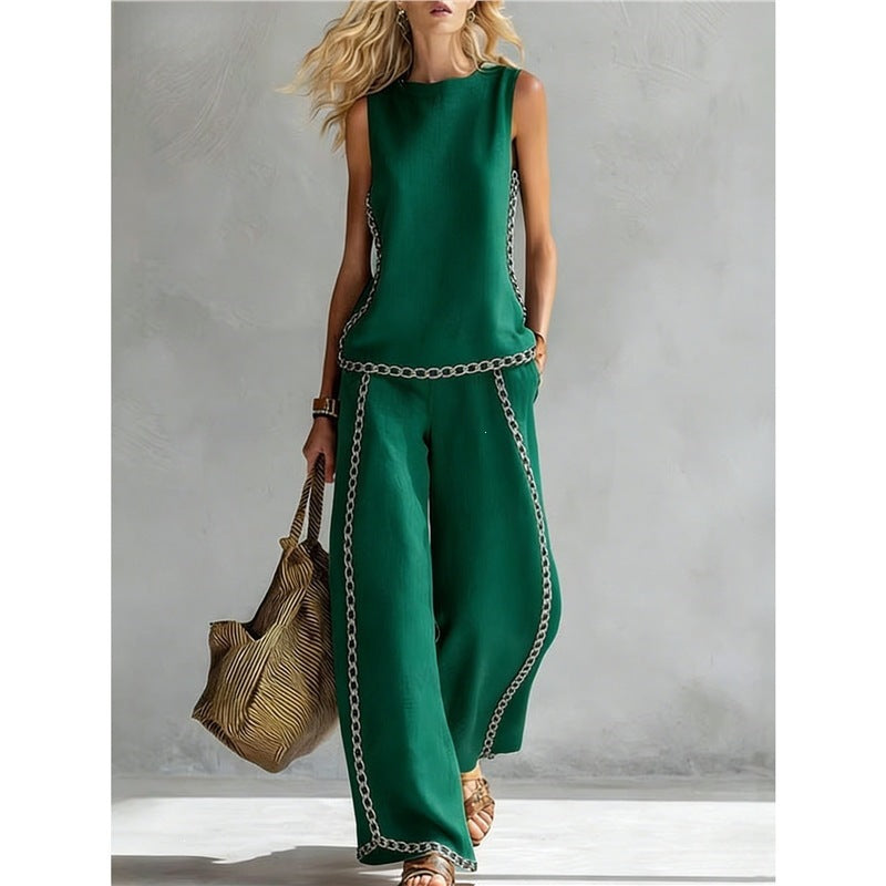 New-style Rainbow Tie-dye Sleeveless Crew-neck Top And Wide-leg Pants Womens Casual Two-piece Set – Premium 0 | RICALOUX