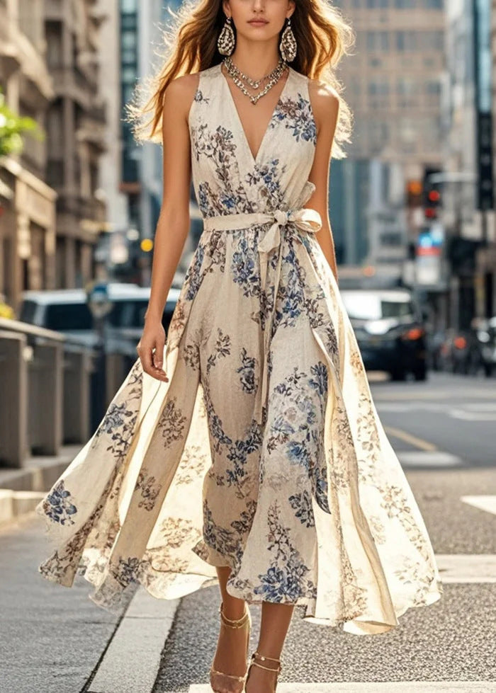 Womens Summer Printed LaceUp WaistSlimming Resort Dress – Premium 0 | RICALOUX