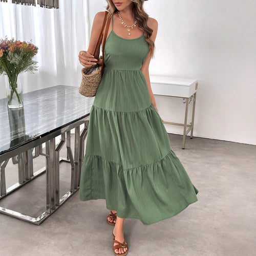 Backless Spaghetti-strap Tiered Maxi Dress With A Tie And A Large Bow At The Waist - RICALOUX