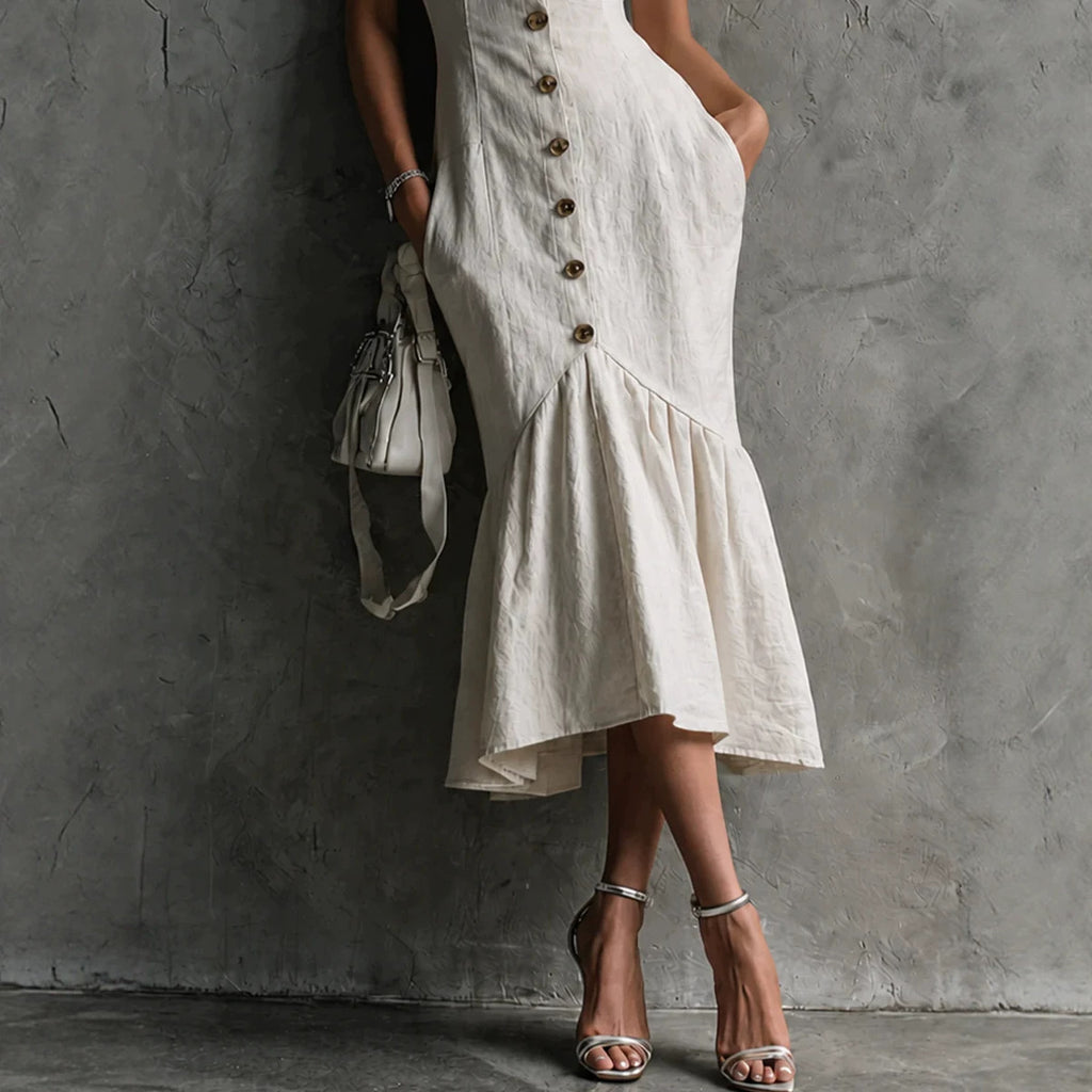 Womens Lace-Trimmed Buttoned Strap Fishtail Long Dress by Ricaloux