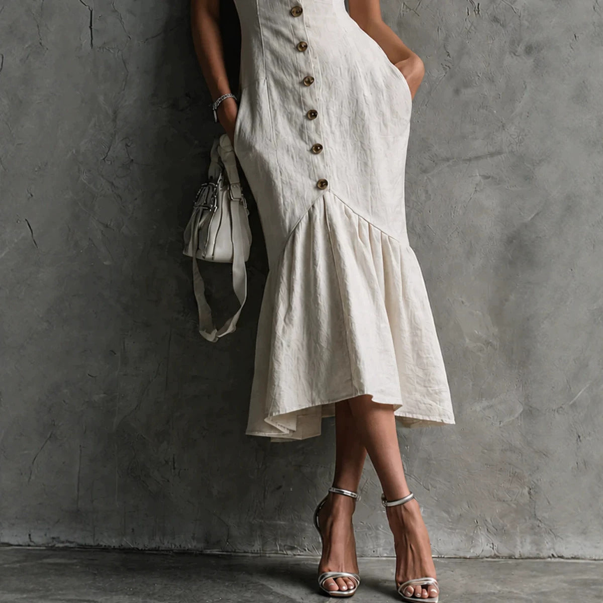 Womens Lace-Trimmed Buttoned Strap Fishtail Long Dress by Ricaloux