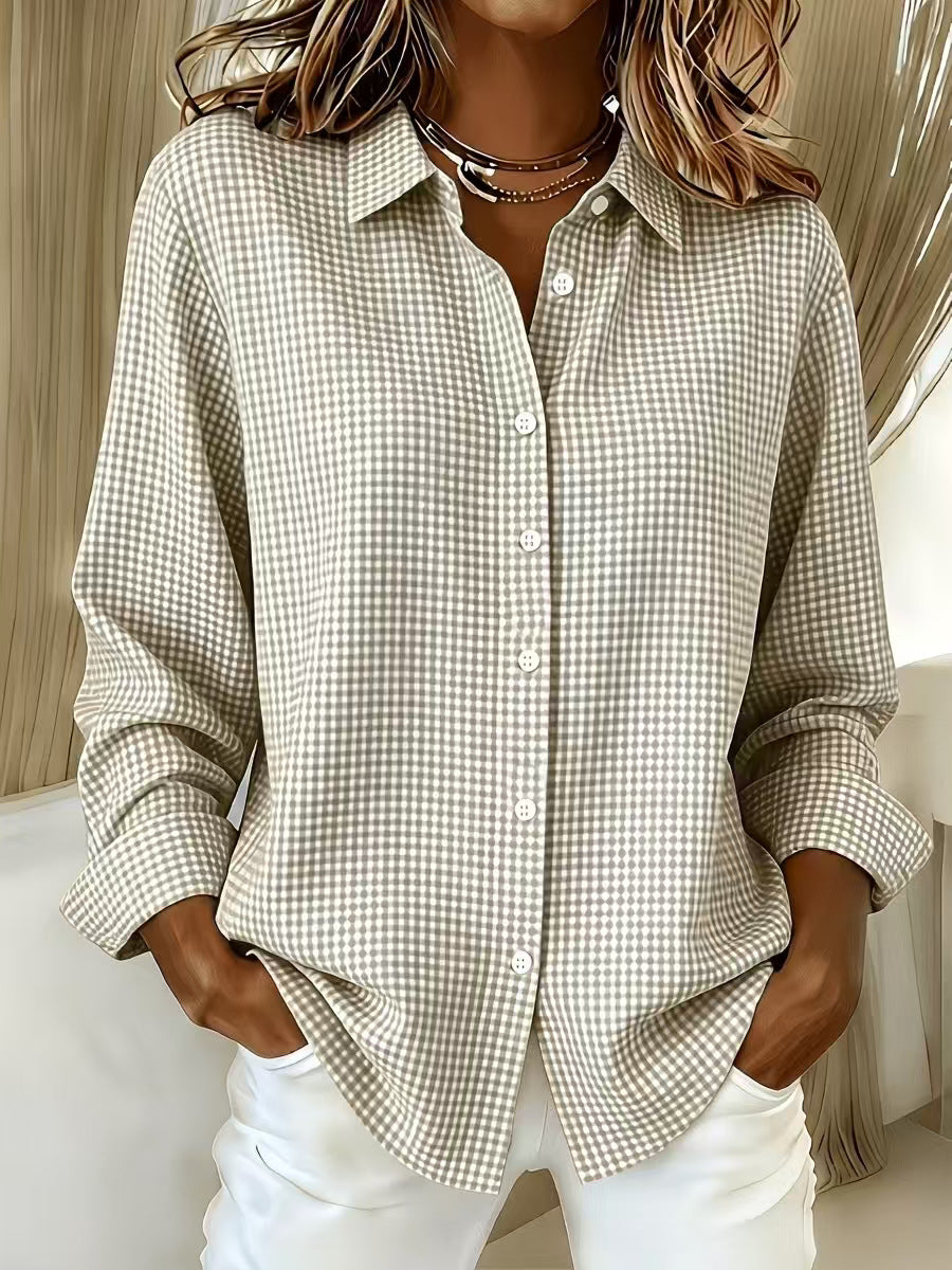 Versatile Lapel-collar Long-sleeve Plaid Shirt by Ricaloux