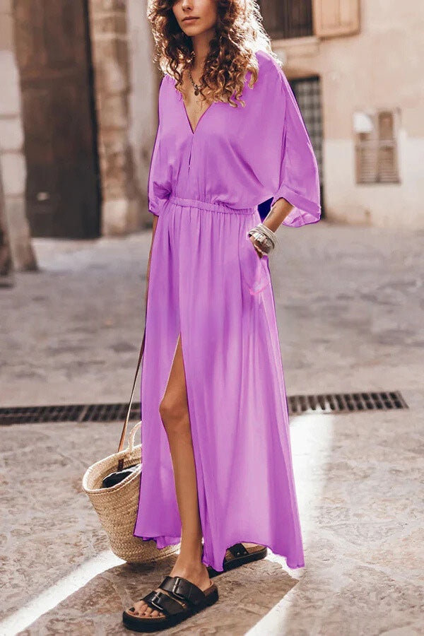 Solid-color Mid-length Wrap Dress With A High Slit And A Defined Waist – Premium 0 | RICALOUX