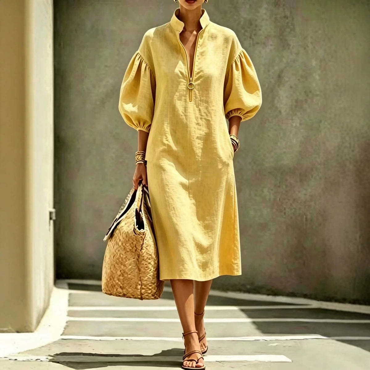 Summer Casual Loose-fit Stand-collar Puff-sleeve Dress by Ricaloux