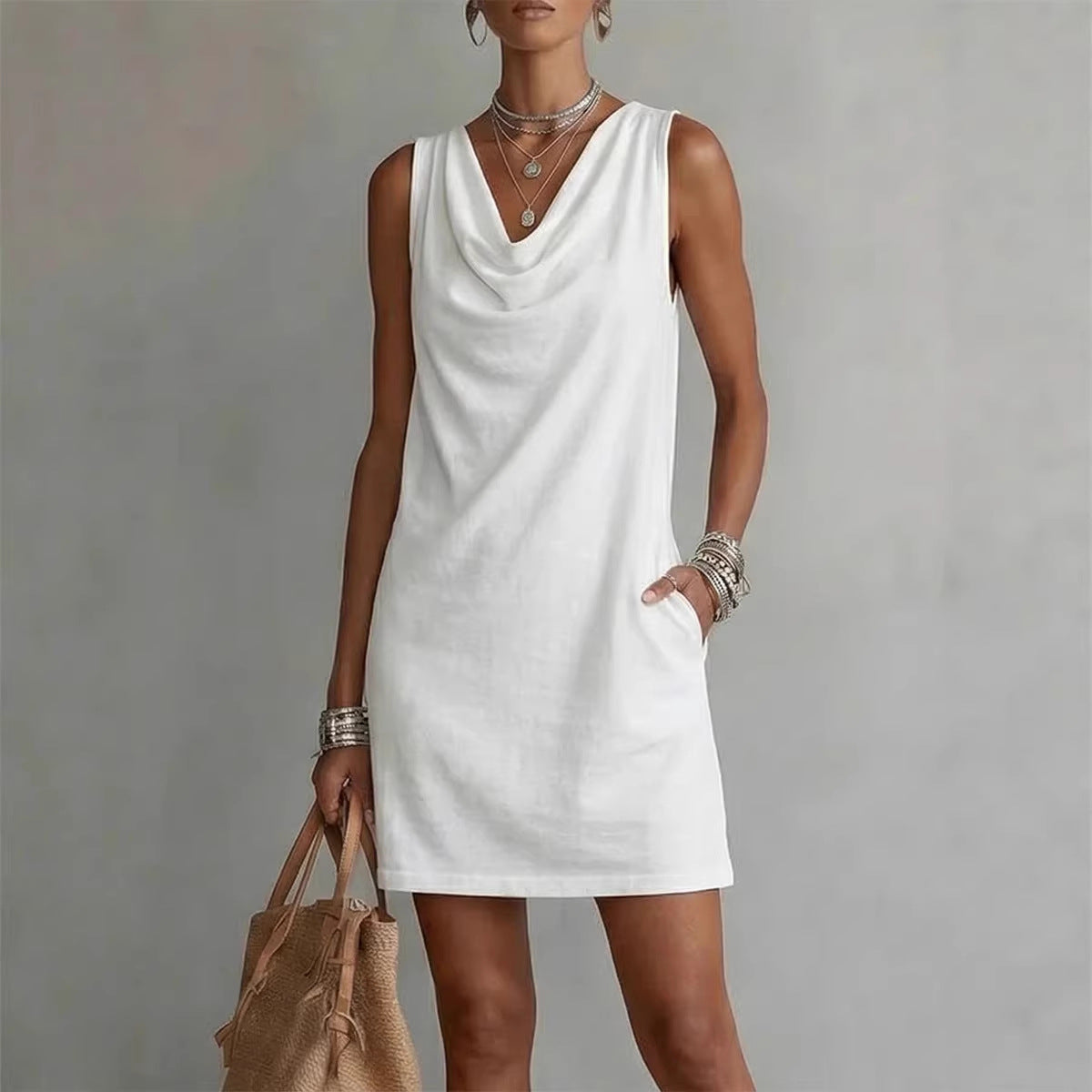 Summer Sleeveless Dress With Draped Neckline Design Slim Fit Evening Party Club Beach Dresses by Ricaloux