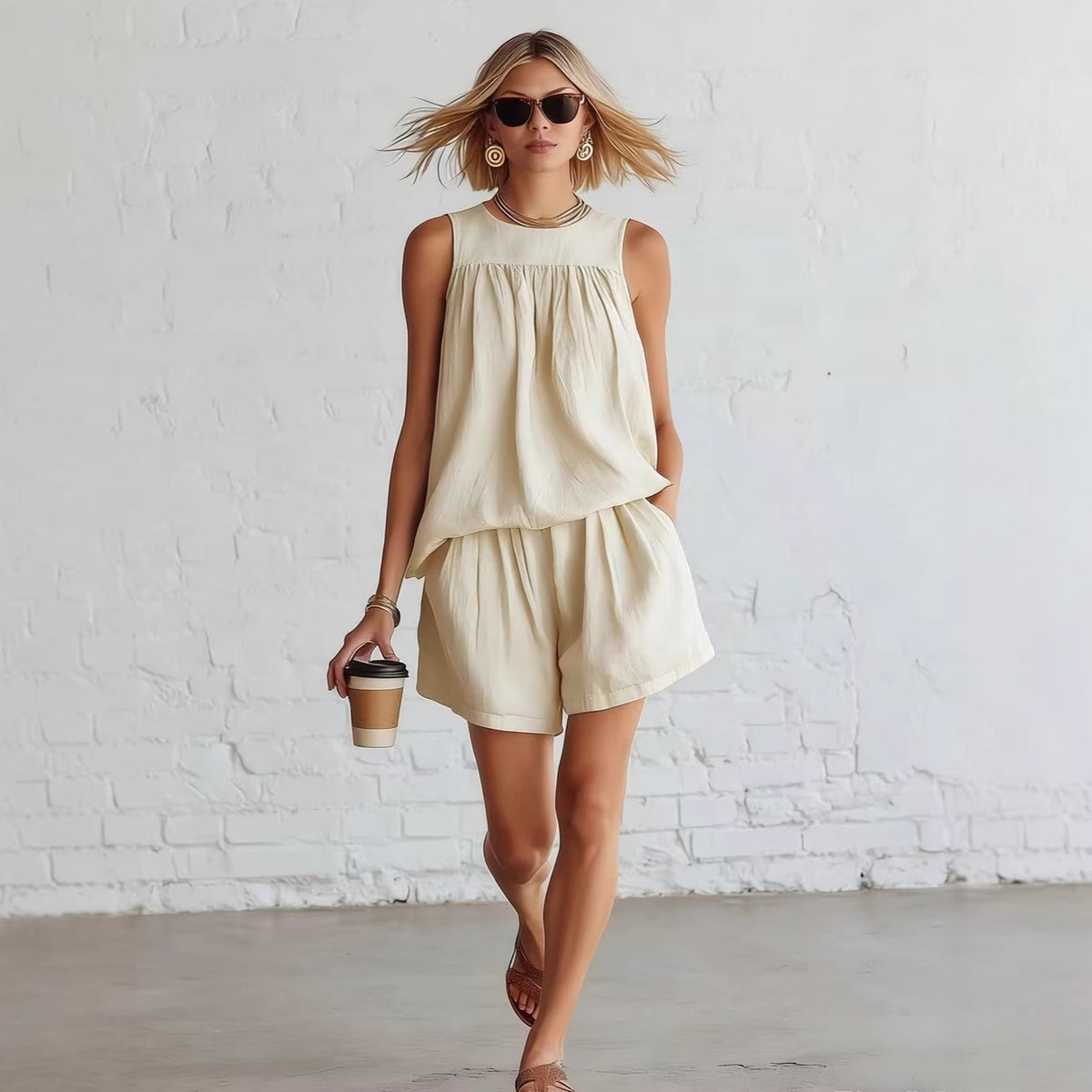 Retro Sleeveless Pleated Top And Wide-leg Shorts Set – Premium 0 | RICALOUX