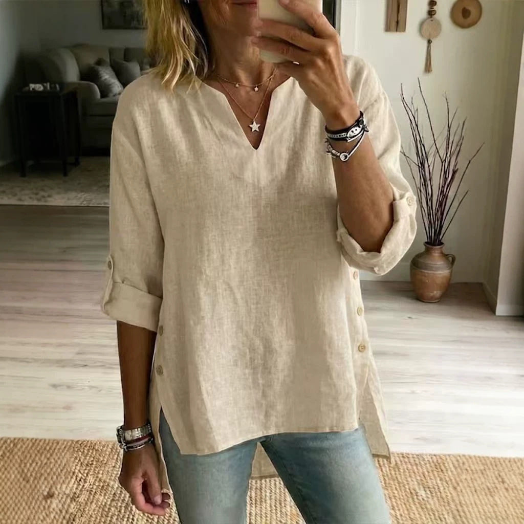 Loose Casual V-neck Three-quarter-sleeve T-shirt For Women by Ricaloux
