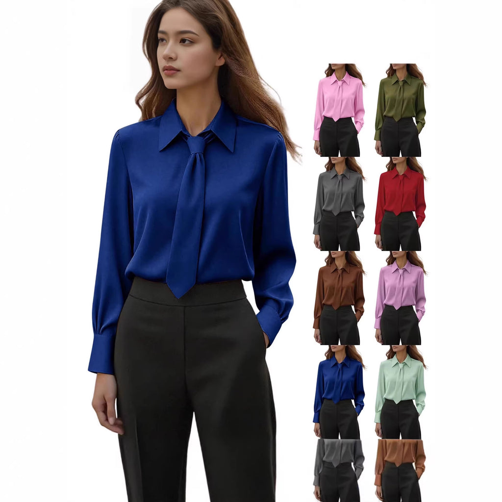 Womens Solid-Color Casual Tie Long-Sleeve French-Collar Shirt by Ricaloux