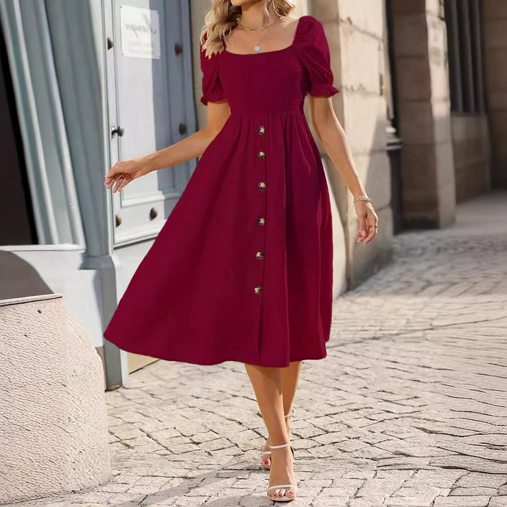 Womens Square-neck Pleated Short-sleeve Dress With Buttons by Ricaloux