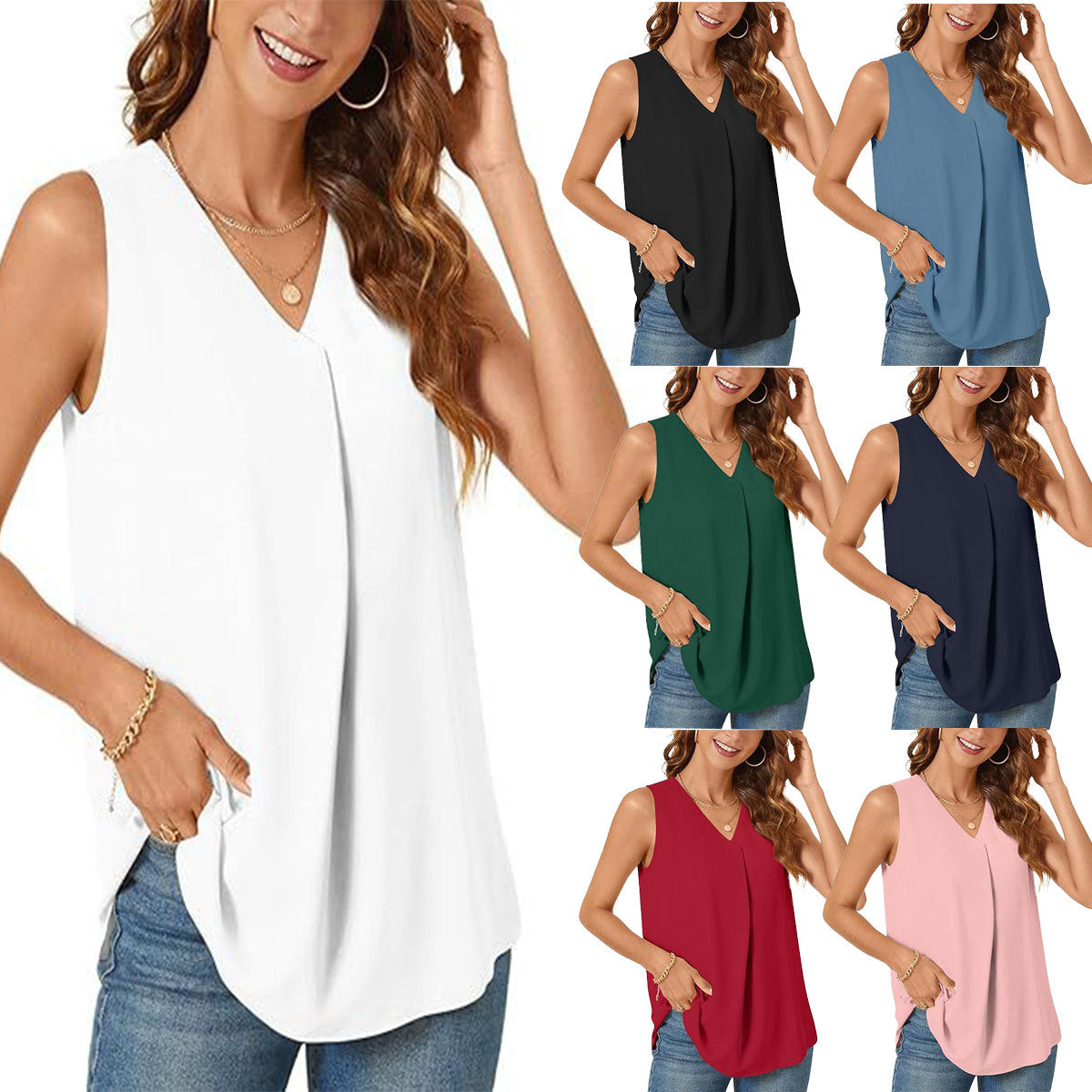 Loose-fit Solid-color Top T-shirt V-neck Sleeveless Vest – Premium 0 | RICALOUX