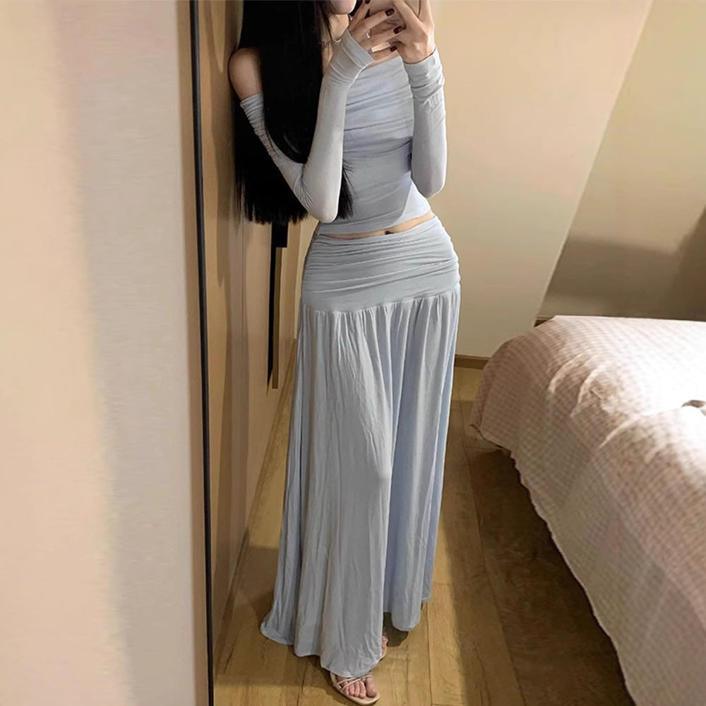 One-shoulder Figure-flattering Long-sleeve Slim-fit High-waist Skirt Two-piece Set by Ricaloux