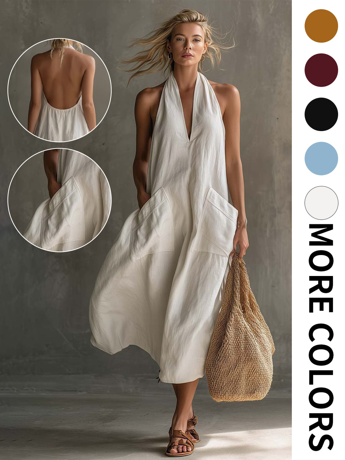 Summer Halter V-Neck Backless Maxi Dress With Large Pockets - Cotton Linen Loose Vacation Dress, Multiple Colors Available For Women by Ricaloux