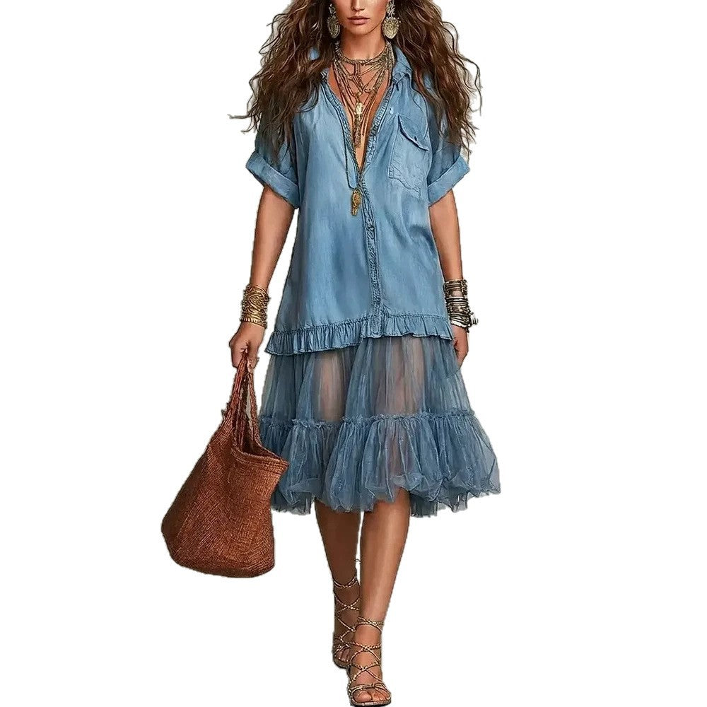 Bohemian Faux-jean Patchwork Tulle Maxi Dress by Ricaloux