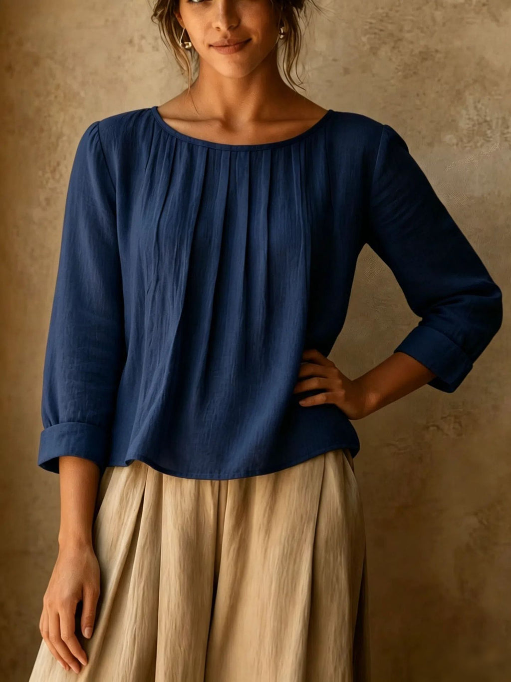 Womens Cotton-linen Top Loose-fit Round-neck Shirt by Ricaloux