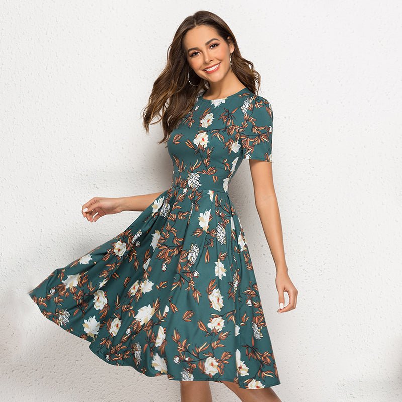 Women's green short sleeve floral dress - RICALOUX