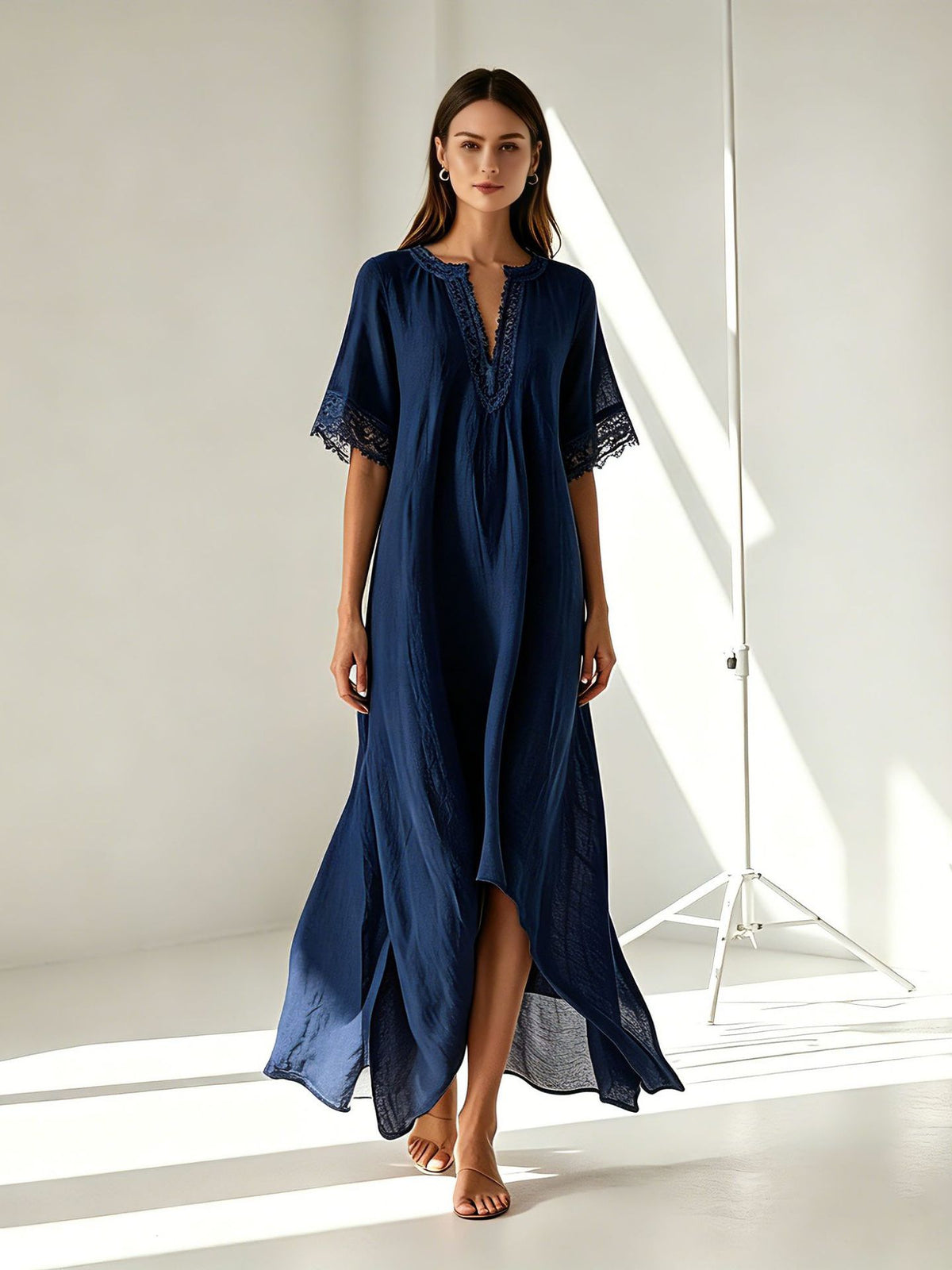 V-neck Short-sleeve Slit Bohemian Resort Dress – Premium 0 | RICALOUX