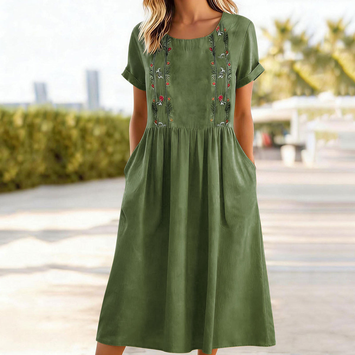 Womens Embroidered Crew-Neck Cotton-Linen Pinafore Dress by Ricaloux