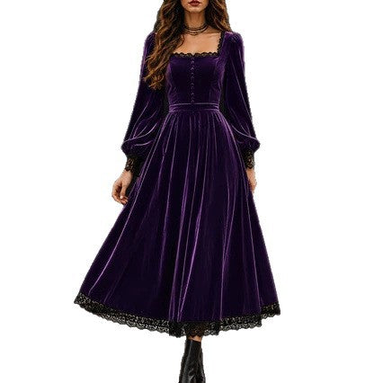 Square-neck Lace-panel Velvet Dress – Premium 0 | RICALOUX